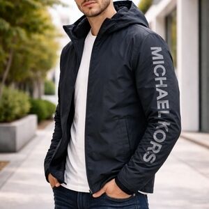 Michael Kors Black Hooded Jacket Logo Sleeve